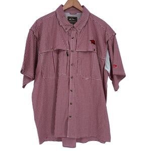 Arkansas Razorback Drake Fishing Shirt 2X Red White Gingham Vented Embroidered